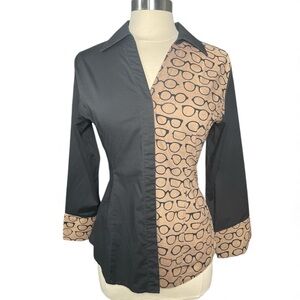 Color Block Button Down Shirt Tailored Fit Glasses Print Modern Retro Medium